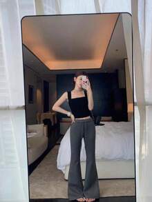 女款彈性網格設計修身休閒百搭方領抓皺細肩帶背心上衣 黑色 夏季 - 黑色 - 查看 4