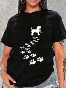 Under The Radar Adorable Women's T-Shirt With Dog Paw Print, Casual, Short Sleeve, Crew Neck For Pet Lovers, Stylish Graphic Design, Comfortable And Breathable Fabric, Ideal Gift For Dog Moms! Y2k-Vintage Unisex Urban Style Cotton Loose Fit Short Sleeve Crew Neck T-Shirt - 黑色 - 查看 6
