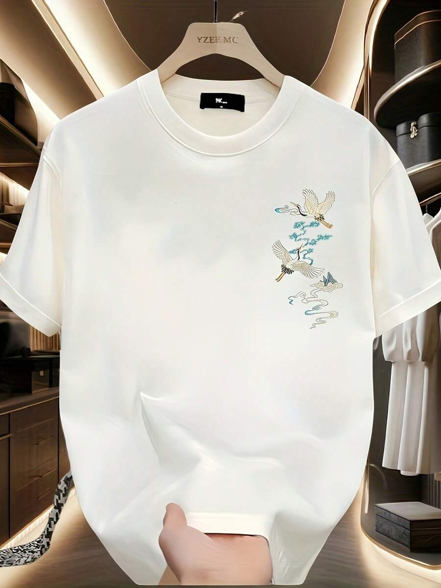 Camiseta Clásica de Cuello Redondo para Hombre con Elegante Diseño de Grulla Volando con Nubes y Flores, de Algodón Transpirable, Color Sólido, Manga Corta, Corte Regular, Camiseta Blanca Esencial para el Guardarropa WT220645 - Blanco - Ver 1
