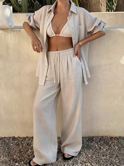 Women's Casual Beige Linen 2-Piece Set, Loose Blouse With High Waist Wide Leg Pants, Suitable For Beach Vacation