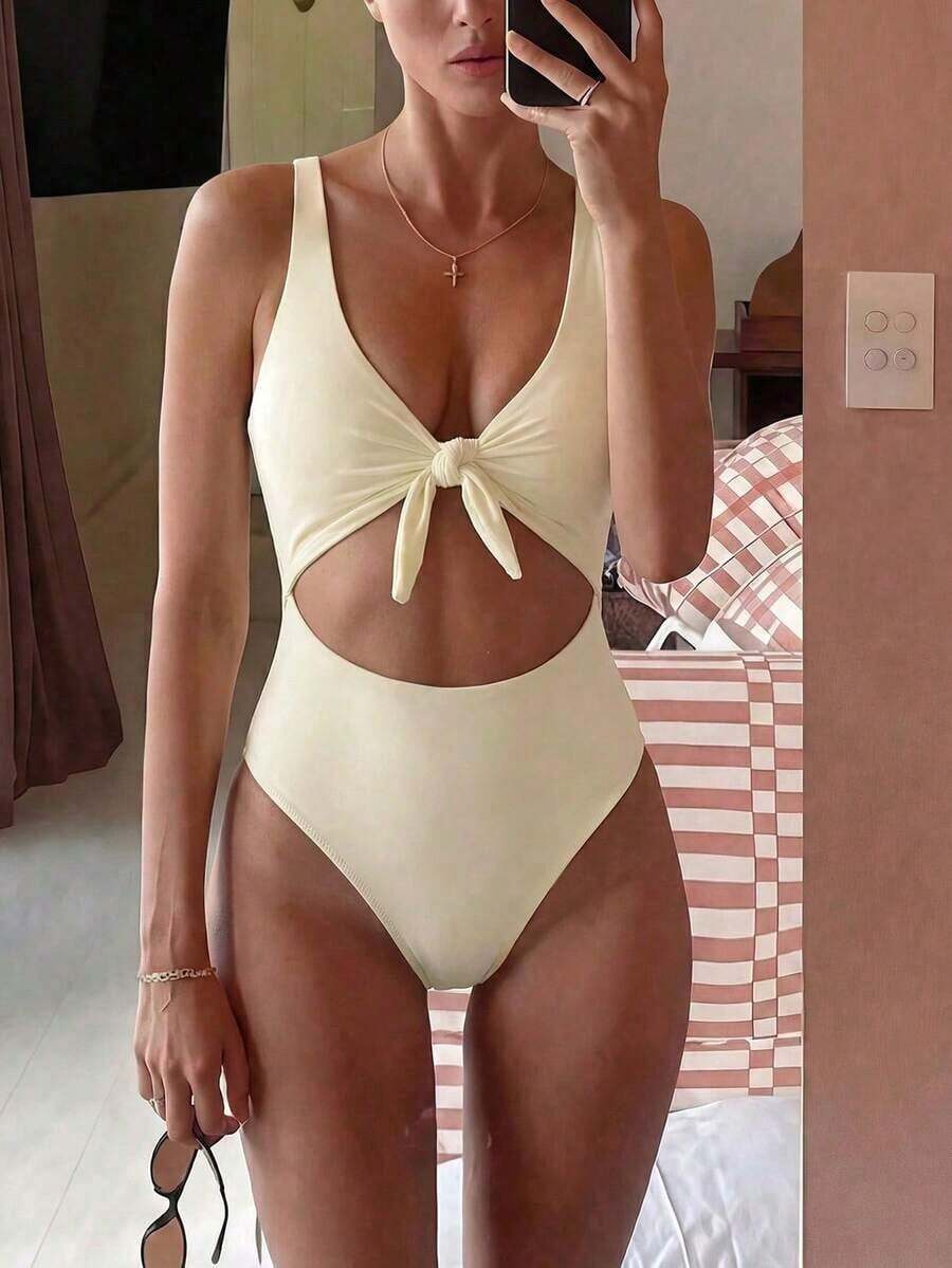 Swim Vcay Traje de baño de una pieza de unicolor negro elegante sin mangas, de cintura alta y con tirantes ajustables, para primavera/verano 2026 - Amarillo claro - Ver 1