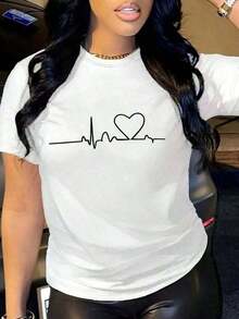 Women's Short Sleeve T-Shirt With Round Neck And Graphic Heartbeat Print, Casual White Heart Pattern T-Shirt, Breathable And Soft Summer Top, Minimalist Aesthetic For Everyday Wear And Valentine's Day Gift. - 白色的 - 查看 1