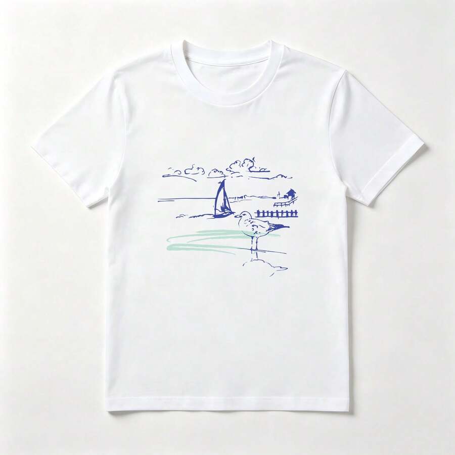 Seagull White Cotton Beach Shirt, Nautical Style, Comfortable - White - View 1