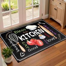 1pc Colorful Chalk Board Kitchen Pattern Printed Faux Wool TPR Bottom Doormat, Bathroom Mat, Kitchen Mat, Laundry Room Mat, Holiday Decor, Home Decor, Party Decor, Wedding Decor, Dining Decor - Multicolor - View 6