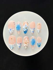 Handmade Press On Nails, 10Pcs Blue Pink 3D Flower Fake Nails With Water Drop & Lace Art, Oval Acrylic Nails, Reusable False Nails For Daily/Party/Travel - Blue - View 8