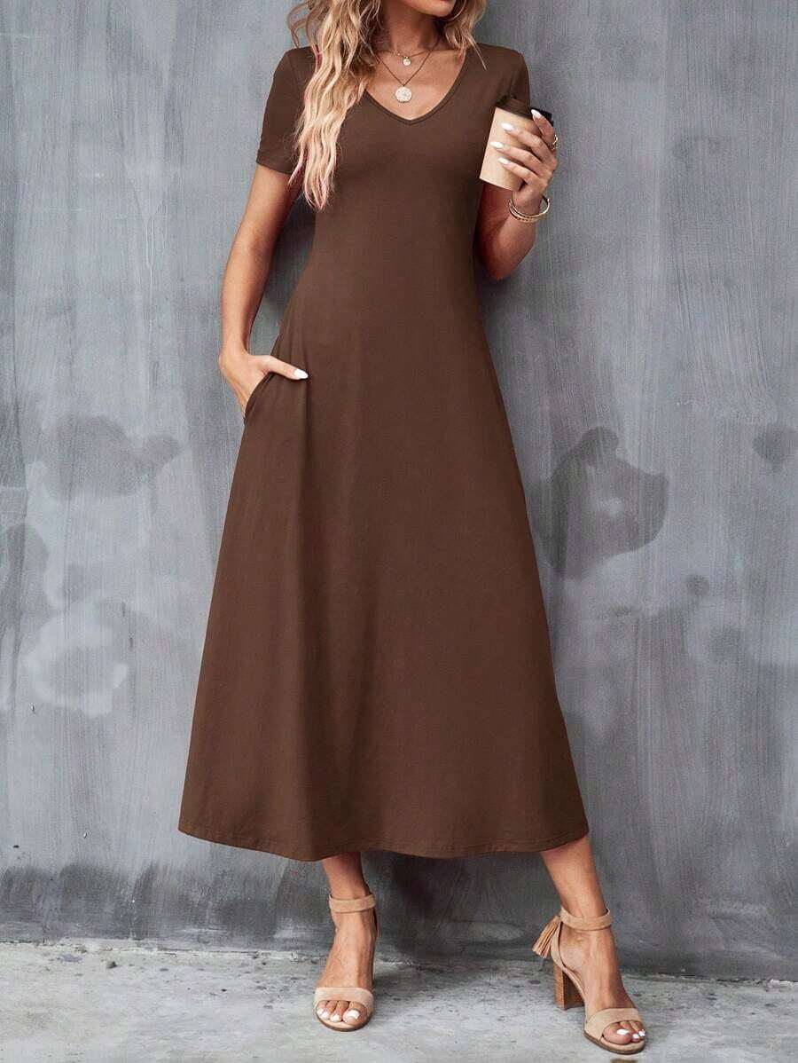 Vestido unicolor con bolsillo oculto escote V - Cafetería - Ver 1