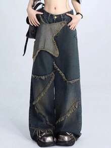 Y2K American Retro Style Wide Leg Jeans With Star Patches, High-Waisted Loose Fit With Distressed Edge - 深藍色 - 查看 1