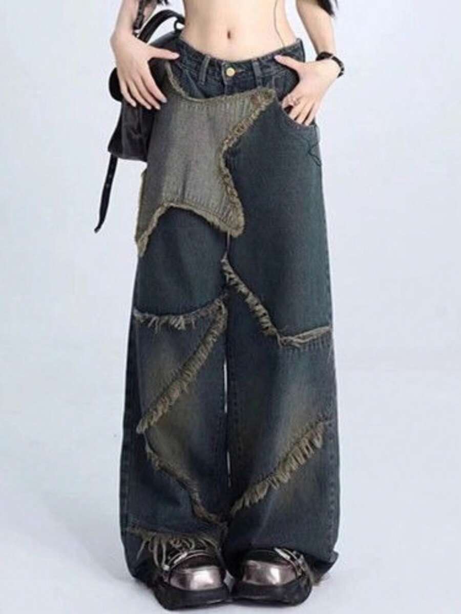 Y2K American Retro Style Wide Leg Jeans With Star Patches, High-Waisted Loose Fit With Distressed Edge - 深藍色 - 查看 1