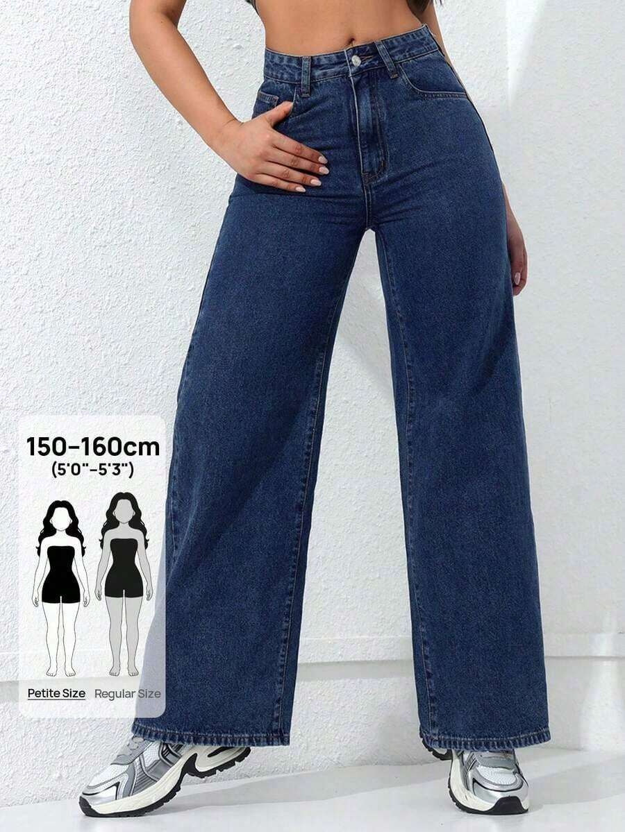 Jeans rectos de mujer de unicolor con cinturón, versátiles para el verano - Azul lavado medio - Ver 1