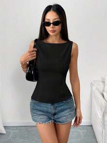 Camisa ajustada sin mangas de unicolor con lazo en la espalda, sexy y elegante para uso casual, adecuada para citas, vacaciones, oficina/negocios, primavera/verano - Negro - Ver 7