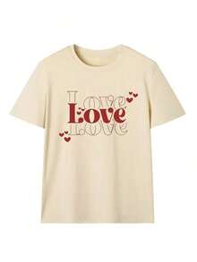 Camel-Colored Short-Sleeved T-Shirt With A Round Neck, Casual, Loose-Fitting, And Versatile Style, Featuring A Heart Print And The Word LOVE. A New Summer Style For Korean Women, Perfect For Valentine's Day And Suitable For Everyday Wear And Valentine's Day. Graphic Print T-Shirt. - 杏色 - 查看 3