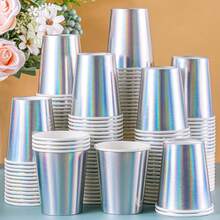 10/20/40pcs 9oz Iridescent Paper Cups Rainbow Disposable Cup For 90s Disco Birthday Party Wedding Bachelor BabyShower Mermaid Party Decorations - Silver - View 1