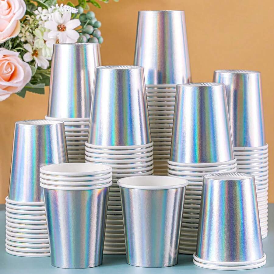 10/20/40pcs 9oz Iridescent Paper Cups Rainbow Disposable Cup For 90s Disco Birthday Party Wedding Bachelor BabyShower Mermaid Party Decorations - Silver - View 1