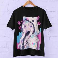 Vintage Pastel Cat Ear T-Shirt For Girls | Cute Comic Book Girl | Harajuku Style Japanese Streetwear | Unisex Loose Fit | Kawaii Anime | Anime Fashion Items - 黑色 - 查看 10