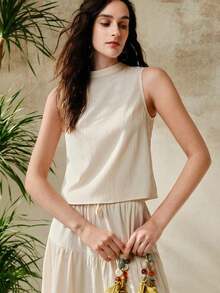 Conjunto de 2 piezas de top sin mangas elegante para vacaciones y falda casual tejida para mujer - Albaricoque - Ver 5