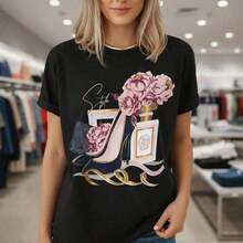 1 Piece Of Women's Pure Cotton T-Shirt, Elegant High Heels And Peony Print, Round Neck, Short Sleeve, Casual Loose Fit, Sizes S-5XL, Fashionable Graphic T-Shirt For Daily Wear, Soft And Comfortable Fabric, Top Design 180g 100% Soft Cotton. - 黑色 - 查看 7