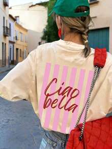 Nueva llegada de verano: Camiseta casual de manga corta con cuello redondo y estampado de letras, estilo sencillo y moderno, versátil para uso diario, para mujer, color negro, estilo vintage urbano, unisex, holgada, de algodón. blusas.blusas casuales para dama. - Albaricoque - Ver 1