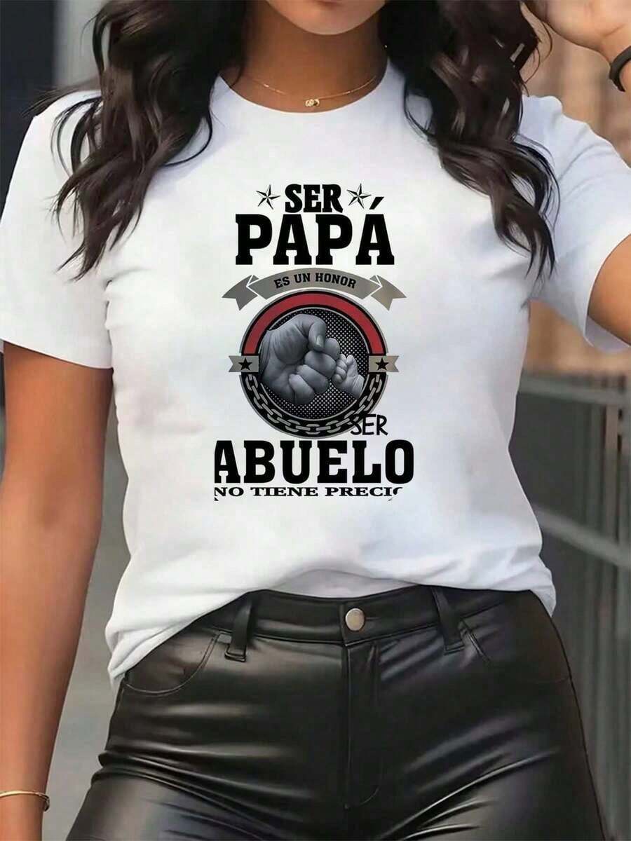 Nuevas llegadas para el verano. Camiseta de mujer con estampado gráfico: "El padre es un honor, el abuelo no tiene precio". Cuello redondo, uso diario casual, suave y cómoda, ideal para festivales. Blusa, camisa > Hermosa. - Blanco - Ver 1