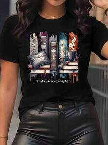 New Arrivals For Summer. Women's T-Shirt With "Just One More Chapter Book And Coffee Cup" Print, Round Neck, Casual, Soft, Comfortable, For Everyday Wear, Ideal For Vacations. Blouse, Shirt > Beautiful. - 黑色 - 查看 7