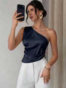 Blusa plisada elegante, romántica y de estilo sexy sin mangas, adecuada para fiestas, vacaciones y uso diario - Azul marino - Ver 5