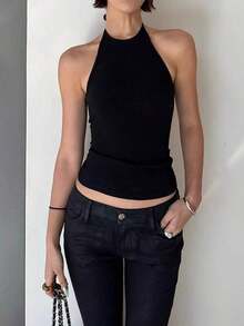 Top de tirantes finos ajustado y sin espalda, top de ajuste ceñido para capas, casual negro para otoño/invierno y verano - Negro - Ver 6