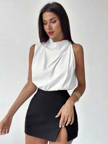 Blusa asimétrica plisada de color albaricoque, elegante y de moda para uso diario, oficina, vacaciones y festivales de música, primavera/verano - Blanco - Ver 7
