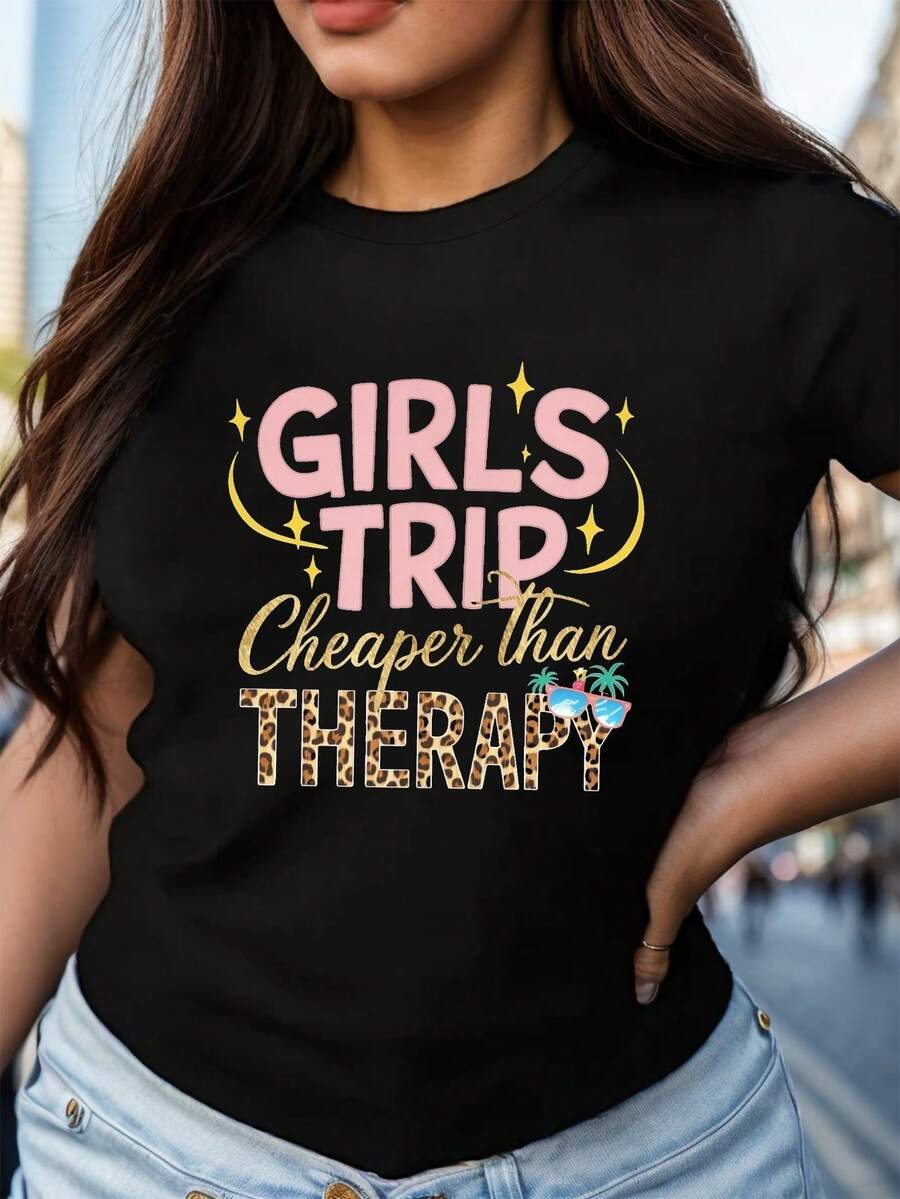 Travel-Themed T-Shirt - A Fun, Short-Sleeved, Crew-Neck T-Shirt With A Print, More Affordable Than Therapy, For Women. | Casual Spring And Fall Tops, Machine Washable, Ideal For Travel, Fun Design, Comfortable Fit, Geometric Pattern, Suitable For All Seasons. Y6UY - 黑色 - 查看 1