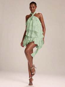 Vestido mini con cuello de halter, estampado de teñido anudado con flores rojas y volantes en el bajo, adecuado para fiestas, vacaciones, banquetes, bodas, salidas nocturnas, citas románticas, primavera/verano - verde menta - Ver 6