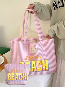 “Life's A Beach”印花 - 复古粉白条纹帆布手提包,女士大容量条纹沙滩托特包,旅行沙滩包兼时尚购物单肩包,可折叠帆布单肩手提包,防水防沙旅行包,夏季必备单品,适合海滩旅行、泳池派对、购物和日常使用,适合女性、旅行者和海滩爱好者,也适合复活节、教师节和假期等场合。 - 彩色 - 查看 8