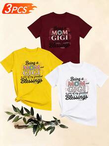 Women's T-Shirts, Women's T-Shirts, Casual Short Sleeve One Piece T-Shirt With "Mom" Blessing Print, Comfortable Top. - 1件黑色隨機圖案 - 查看 6