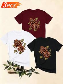 Women's T-Shirts, Women's T-Shirts, Casual One-Piece T-Shirt With Rose Hat Print Design, Comfortable And Breathable Top For Everyday Wear. - 1件白色隨機圖案 - 查看 6