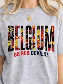 World Cup 2026 Country Teams Shirts, National Football Nations Shirts Belgium Women's Fashionable Casual T-Shirt With Creative Print, Short Sleeve, Round Neck, For Spring And Summer T-Shirt Women Festive Celebration Shirt Party Wear Top - 彩色 - 查看 1