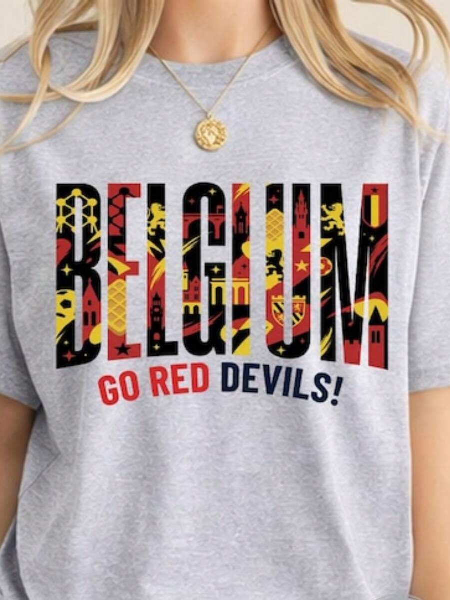 World Cup 2026 Country Teams Shirts, National Football Nations Shirts Belgium Women's Fashionable Casual T-Shirt With Creative Print, Short Sleeve, Round Neck, For Spring And Summer T-Shirt Women Festive Celebration Shirt Party Wear Top - 彩色 - 查看 1
