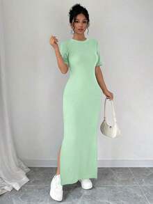 Vestido largo de mujer de manga corta con cuello en V y bajo dividido, de unicolor, vestido maxi elegante de color burdeos, vestido largo ajustado, vestido largo rojo, vestido maxi de manga corta para mujer, vestidos de mujer, vestido largo ajust - verde menta - Ver 7