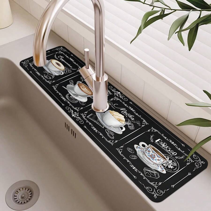 1pc Coffee Pattern Anti-Slip Quick Dry Absorbent Rubber Mat, Suitable For Sink And Faucet, Great For Holiday Gift
