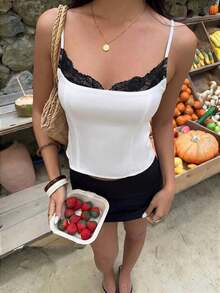 Camiseta ajustada con cuello de encaje negro, estampado de lunares blanco y negro para mujer - Blanco 2 - Ver 3