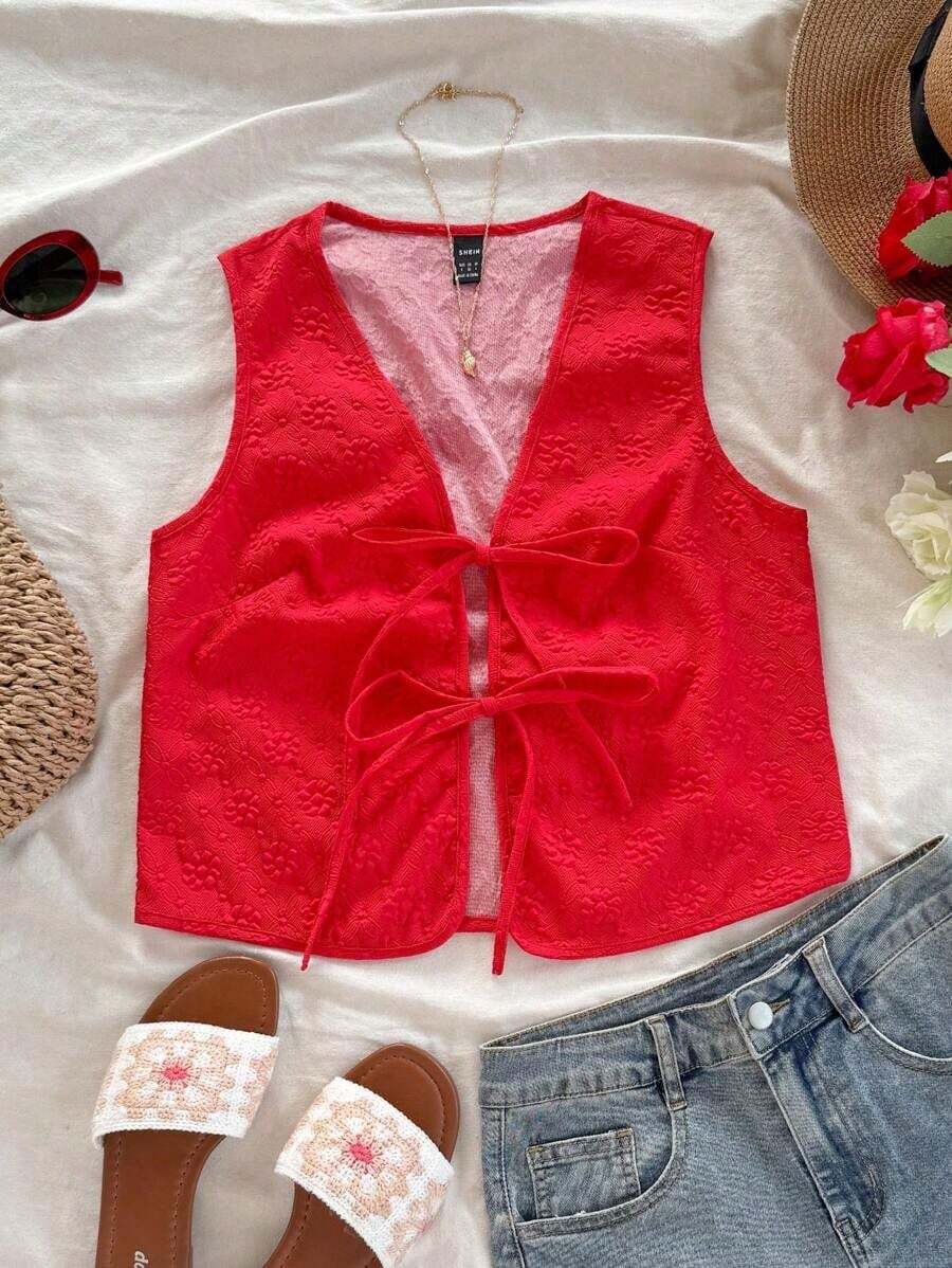 Camiseta de tirantes con textura informal para mujer - Rojo - Ver 1