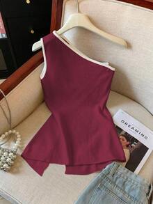 Blusa casual de vacaciones para mujer con estampado de lunares, sin mangas y con bajo dividido - Burdeos - Ver 2