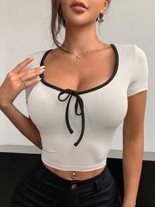 Camisa de mujer con cuello redondo envuelto y lazo, top de verano lindo en estilo Y2K, crop tops para mujer - Beis - Ver 1