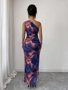 Vestido de noche de lujo para mujer, vestido sexy sin mangas con cuello asimétrico y estampado de teñido anudado - Azul marino - Ver 2