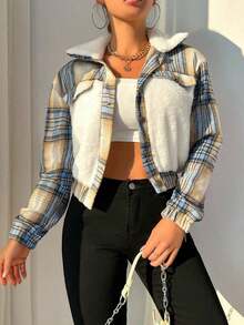 Plaid Print Borg Collar Teddy Jacket Fall Winter Cloth For Women - 白色 - 查看 4