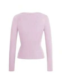 Top de punto ajustado y sexy para mujer, manga larga, cuello en V, color sólido, camiseta casual de primavera, blanca. - Rosa Pálido - Ver 7