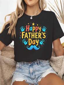 Creative Design For Father's Day, Fashionable Women's Casual Sports T-Shirt, Round Neck, Stretchy Fabric, Printed, Suitable For All Seasons, Casual Women's Sportswear. Elegant Party Outfit, T-Shirt For Elegant Ladies, Blouses Suitable For Curvy Women, Casual Wear, Cool And Sweat-Free Summer Wear, Fun Letter Print. - 黑色 - 查看 6