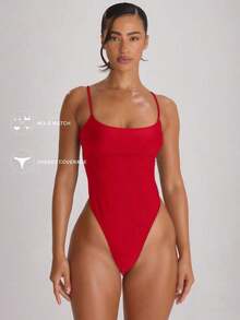 Resort Traje de baño con cuello recto, tirantes y corte alto en la pierna, tipo cheeky.Traje de baño básico unicolor para vacaciones, verano y viajes a la playa. - Rojo - Ver 1