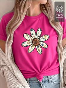 100% Cotton T-Shirt With Multicolor Floral Mandala - 紅玫瑰 - 查看 7