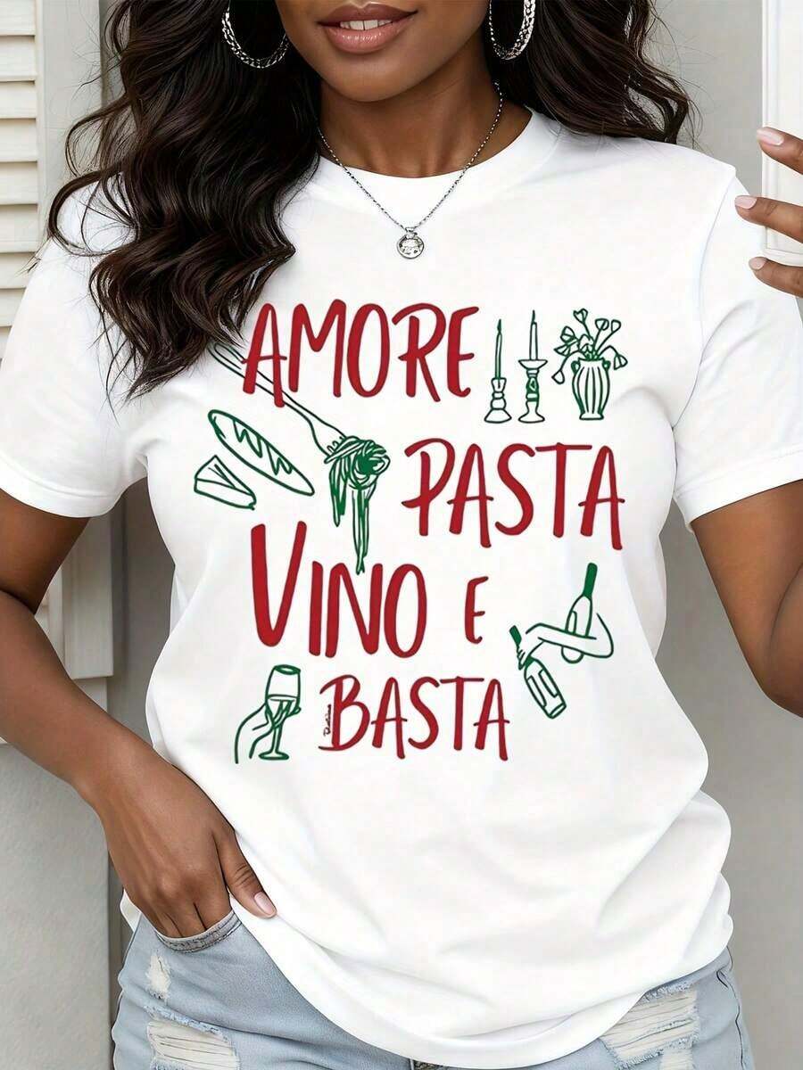 1 Piece Italian Food Lovers T-Shirt "Amore Pasta Vino E Basta" For Women, White, Casual, With Pasta, Wine And Love Design, 180g, 100% Cotton. - 白色 - 查看 1