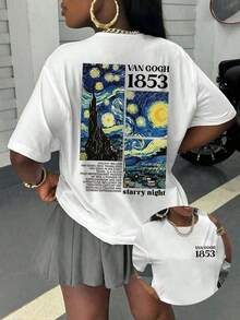 Women's Casual T-Shirt With A Print Paying Tribute To Van Gogh's "The Starry Night" Painting And The Numerical Graphic 1853, Comfortable Short-Sleeved And Round Neck For Spring/Summer, Fashionable Graphic T-Shirt For Holidays In White - 白色的 - 查看 1