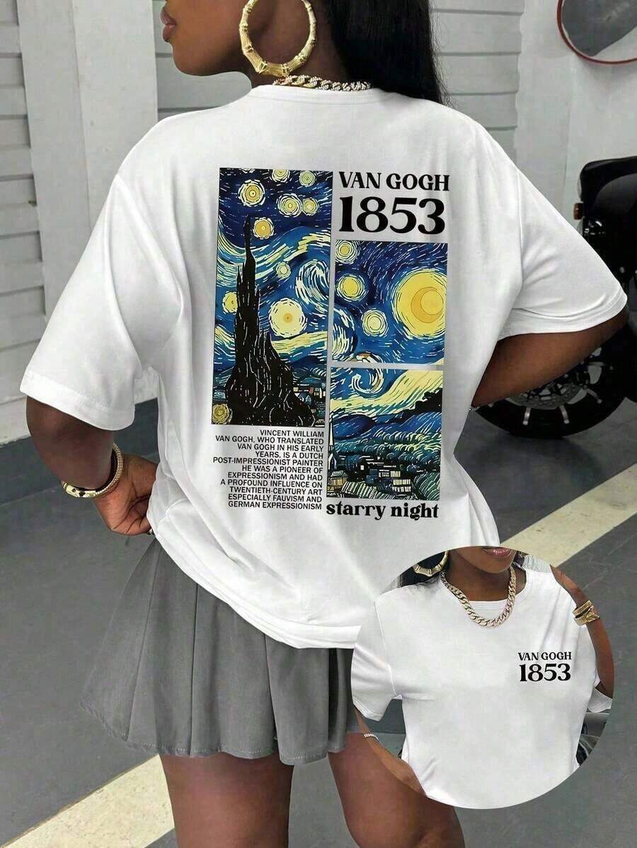 Women's Casual T-Shirt With A Print Paying Tribute To Van Gogh's "The Starry Night" Painting And The Numerical Graphic 1853, Comfortable Short-Sleeved And Round Neck For Spring/Summer, Fashionable Graphic T-Shirt For Holidays In White - 白色的 - 查看 1