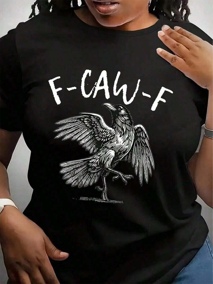 Women's Round Neck T-Shirt With Cow And Crow Graphic Print, Short Sleeve, Casual Summer - Black - View 1