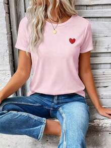 Women's Casual Short-Sleeved T-Shirt With Round Neck And Heart Print, New Spring-Summer Collection. Very Popular New Arrival. - 淡粉紅色 - 查看 5